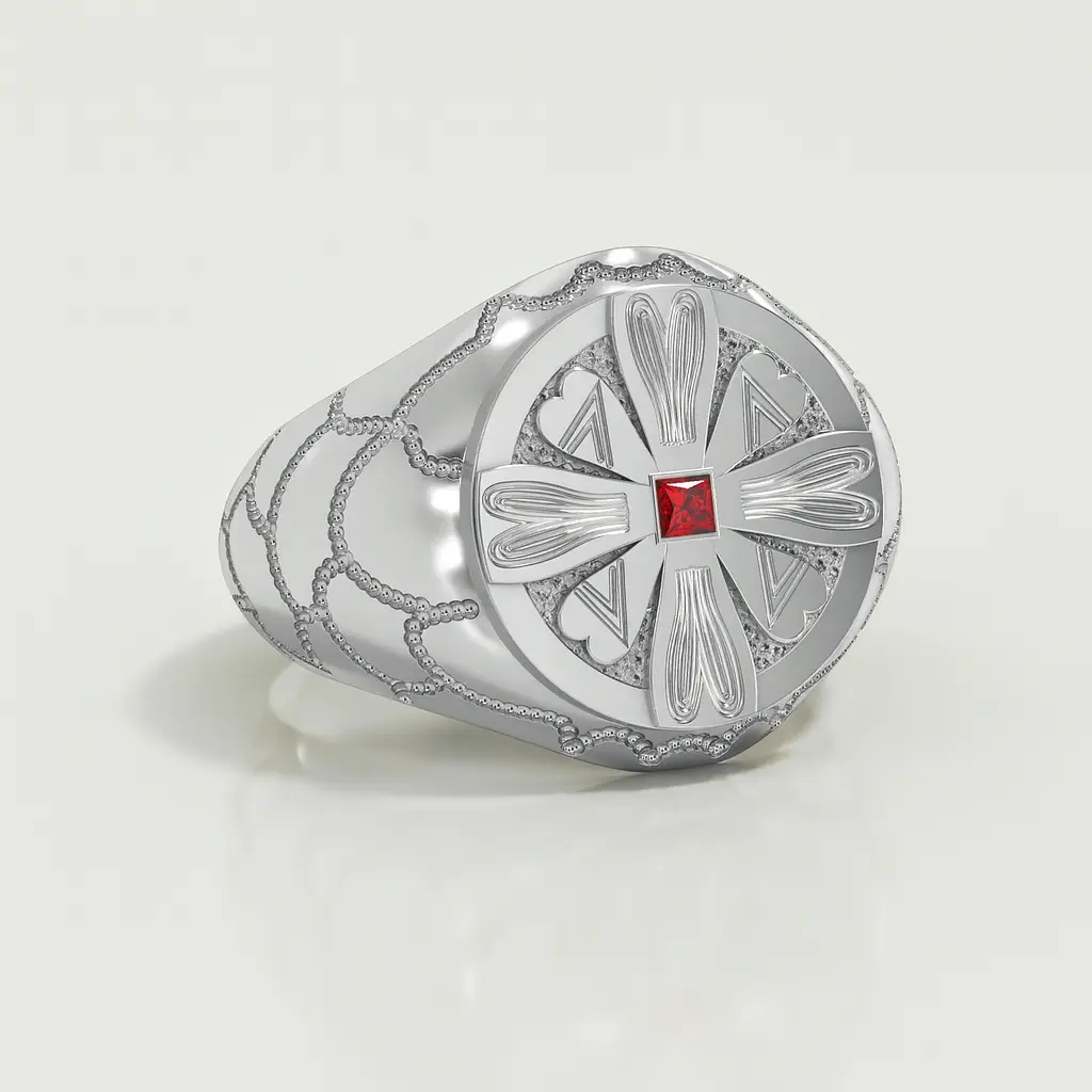 Silver ring with a red zircon on a white background